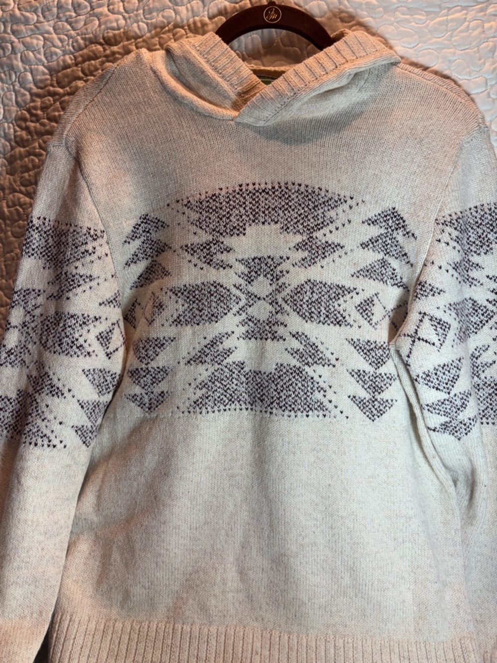 American Eagle Outfitters Cream Hoodie Sweater with Black Aztec Pattern